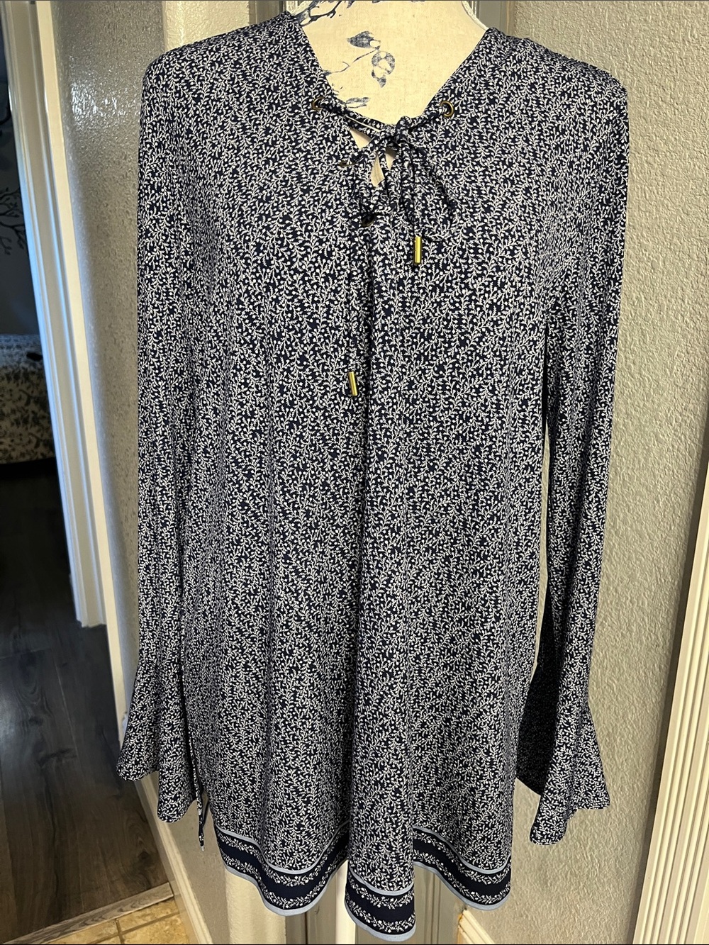 Michael Kors Navy and White Printed Long-Sleeve Tie-Neck Blouse